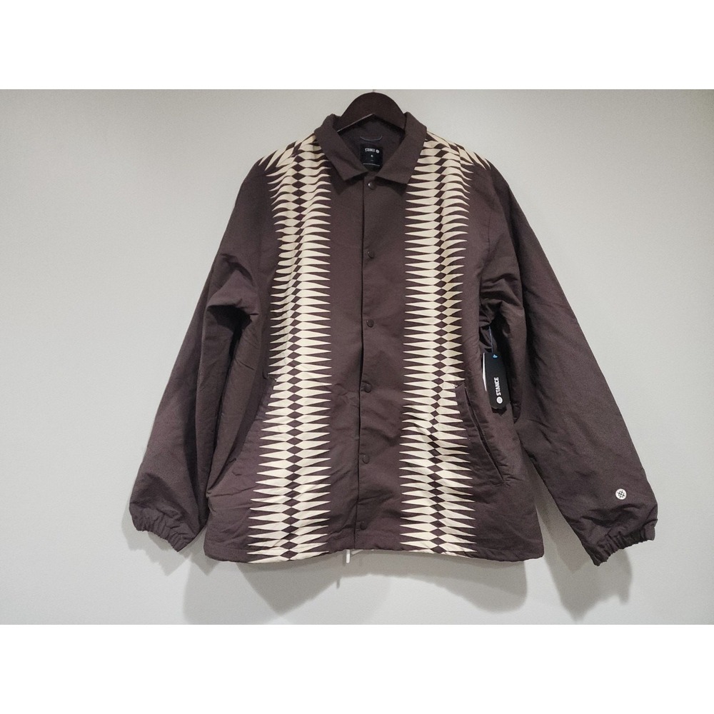 Stance Coaches Jacket Mens XL Dark Brown Geometric Nylon Drawcord Hem Snap Front